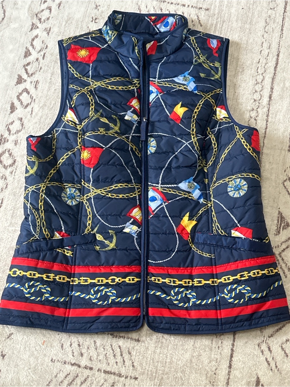 Talbots Navy Quilted Vest with Red & Yellow Nautical Accents